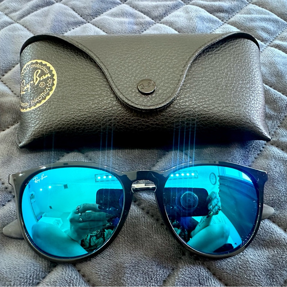 Ray-Ban Erika Black Sunglasses with Blue Mirrored Lenses LIKE NEW
